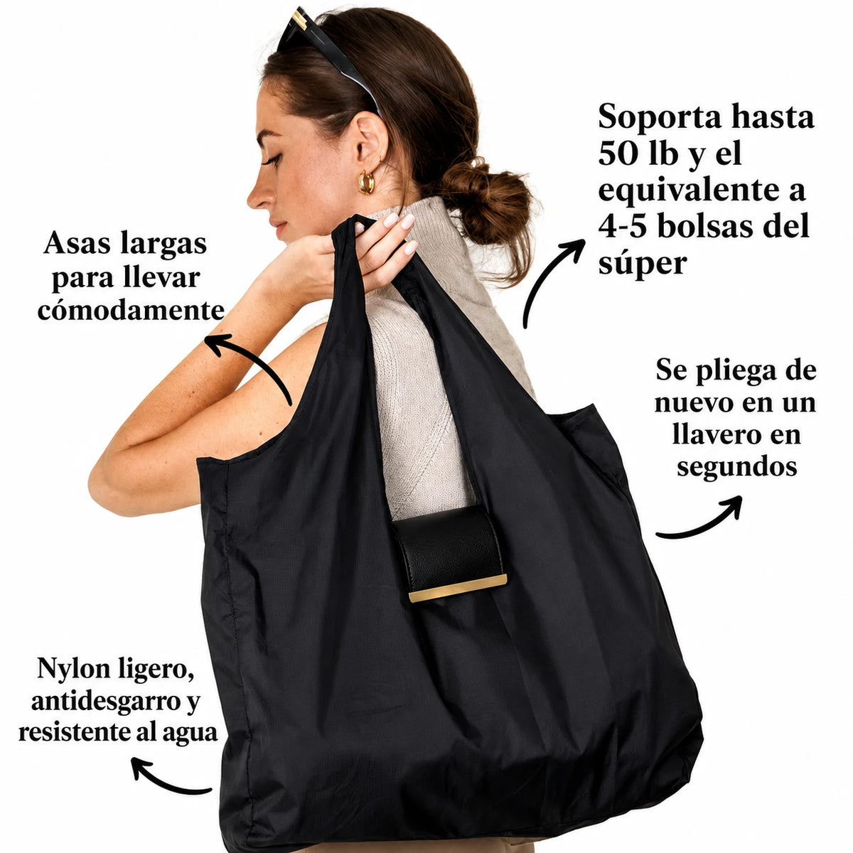 Bolso plegable soporta 25 kg, asas largas y nylon resistente al agua